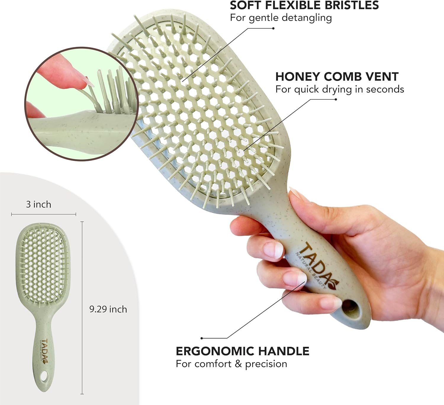 TADA Natural Beauty Hair Brush Detangler for Curly, Thick, Wavy, and Thin Hair - Ventilation Holes for Quick Drying and Styling, Detangler Brush for Women, Men, Kids (4 Colors) (2PK #1) - 2Pk 1 image number 5