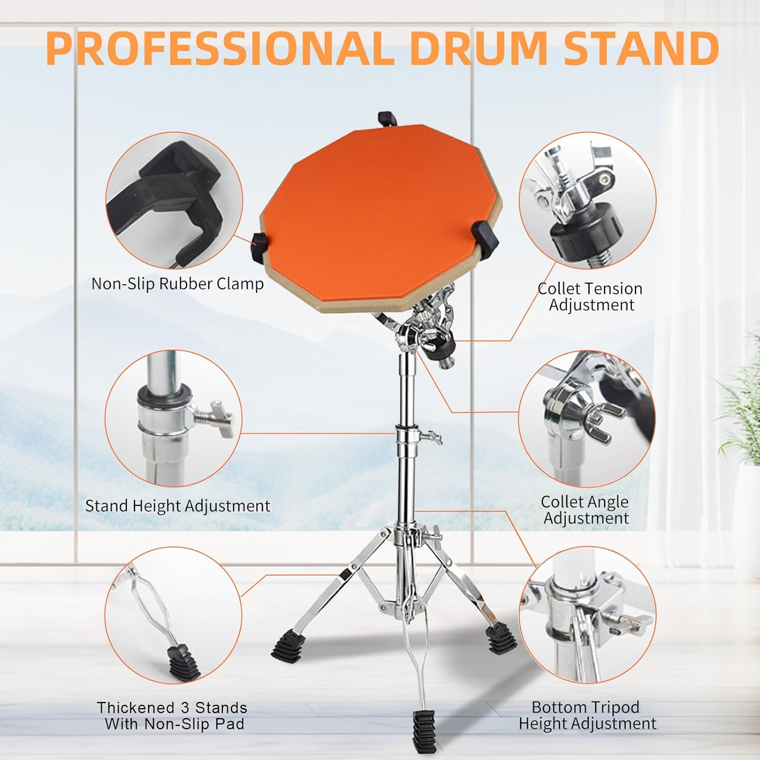 Yazoni Drum Practice Pad with Drum Stand Set - 12 Inch Mute Double Sided Silent Drum Practice Training Pad Set with Drumsticks, Drumstick Holder, Carrying Bag, Adjustable Stand, Suitable for Beginners image number 6