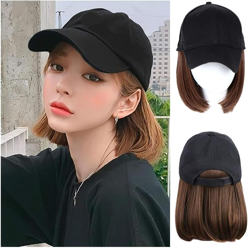 Baseball Cap with Hair Extensions, Straight Short Bob Wigs Hat for Women Girls Adjustable with Hair, Removable Synthetic Hat (Light Brown) image number 3