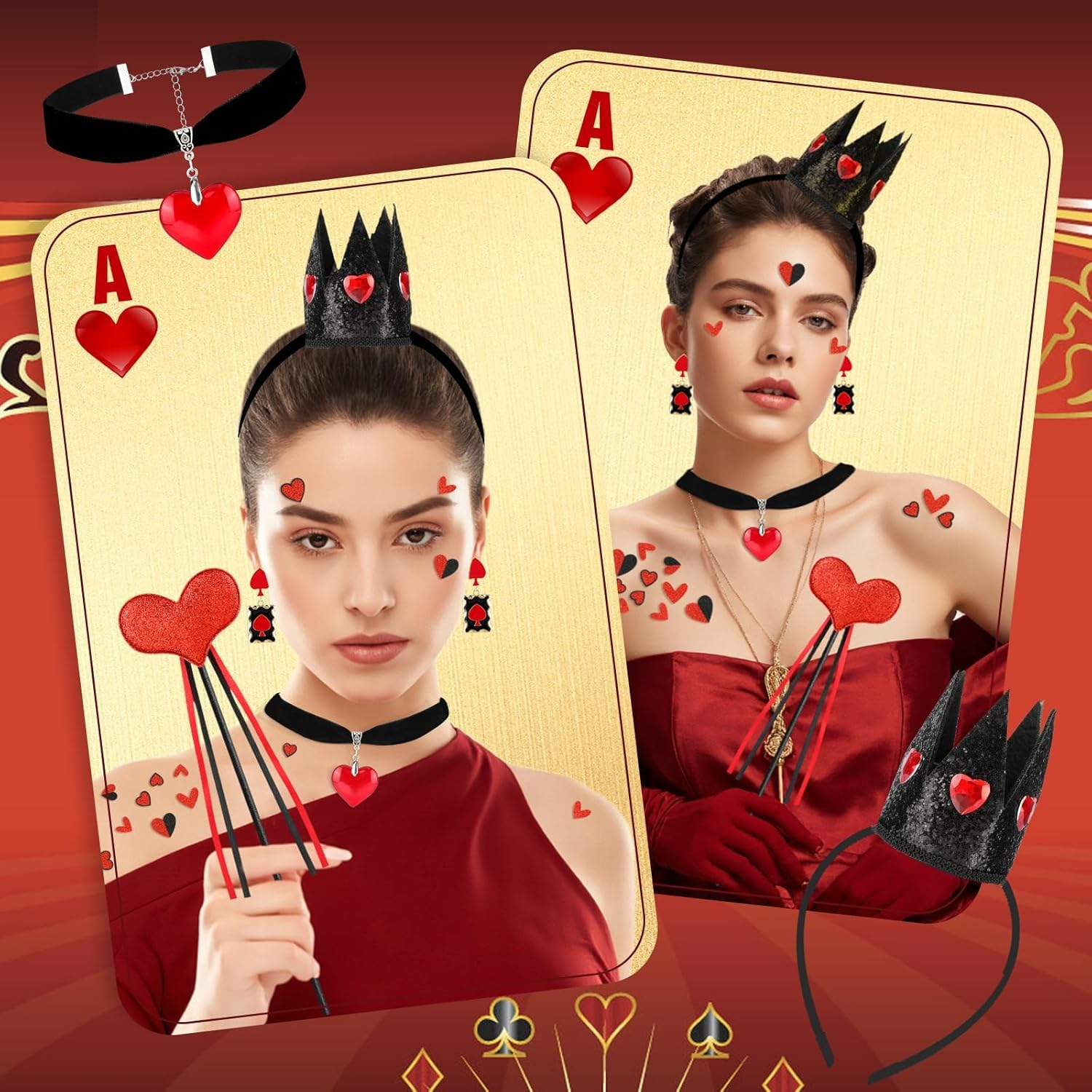 Queen of Hearts Accessories Set, Crown Headband Earings Necklace Wand Face Stickers, Queen of Hearts Costume Accessories Women for Halloween Carnival World Book Day Cosplay Party - Black image number 3