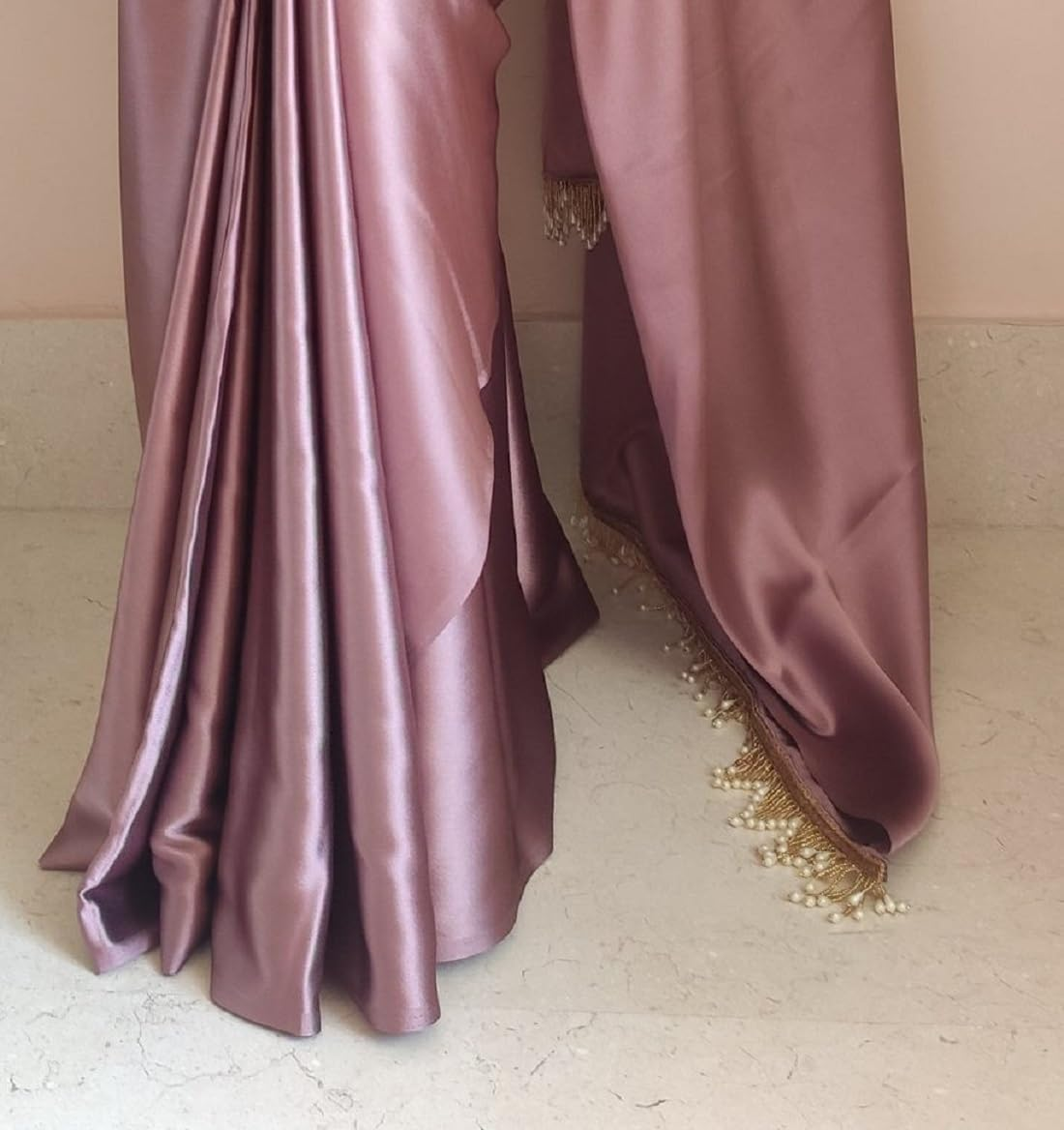 SATAZ Women'S Ready to Wear Rose Gold Satin Silk Pre Pleated Saree with Unstitched Blouse, Free Size image number 6