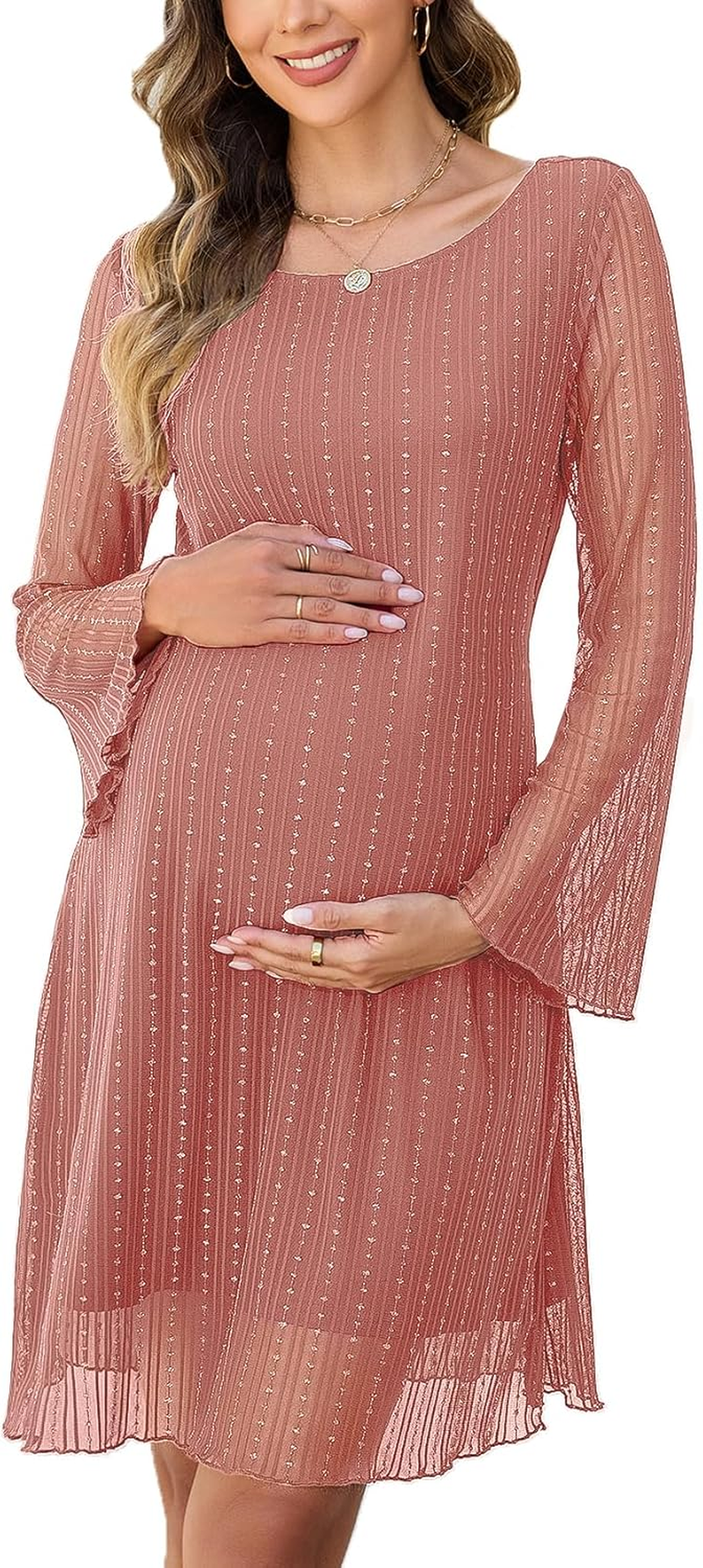 Sparkly Mesh Mini Maternity Dress Sheer Bell Sleeves Tie Back Pregnant Dresses Baby Shower Photoshoot Casual image number 6