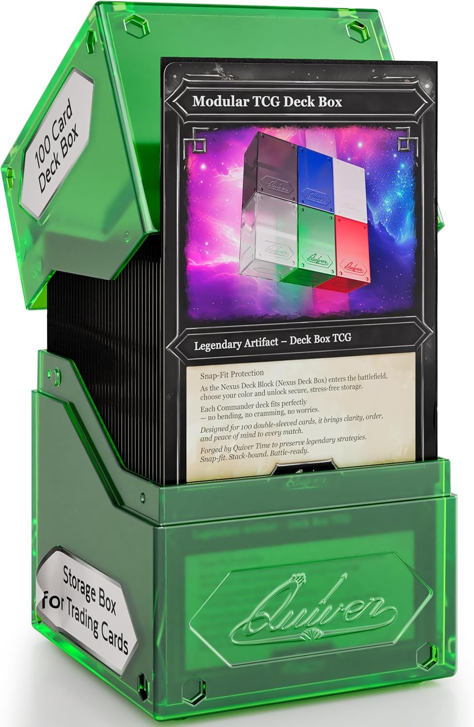 Quiver Time 360&deg; Modular Nexus Deckblock - Durable Stackable MTG Deck Box for Commander Fits 100+ Cards | Stylish 100 Card Deck Box MTG | Interchangeable TCG Decks Boxes (1 Pcs, Clear)