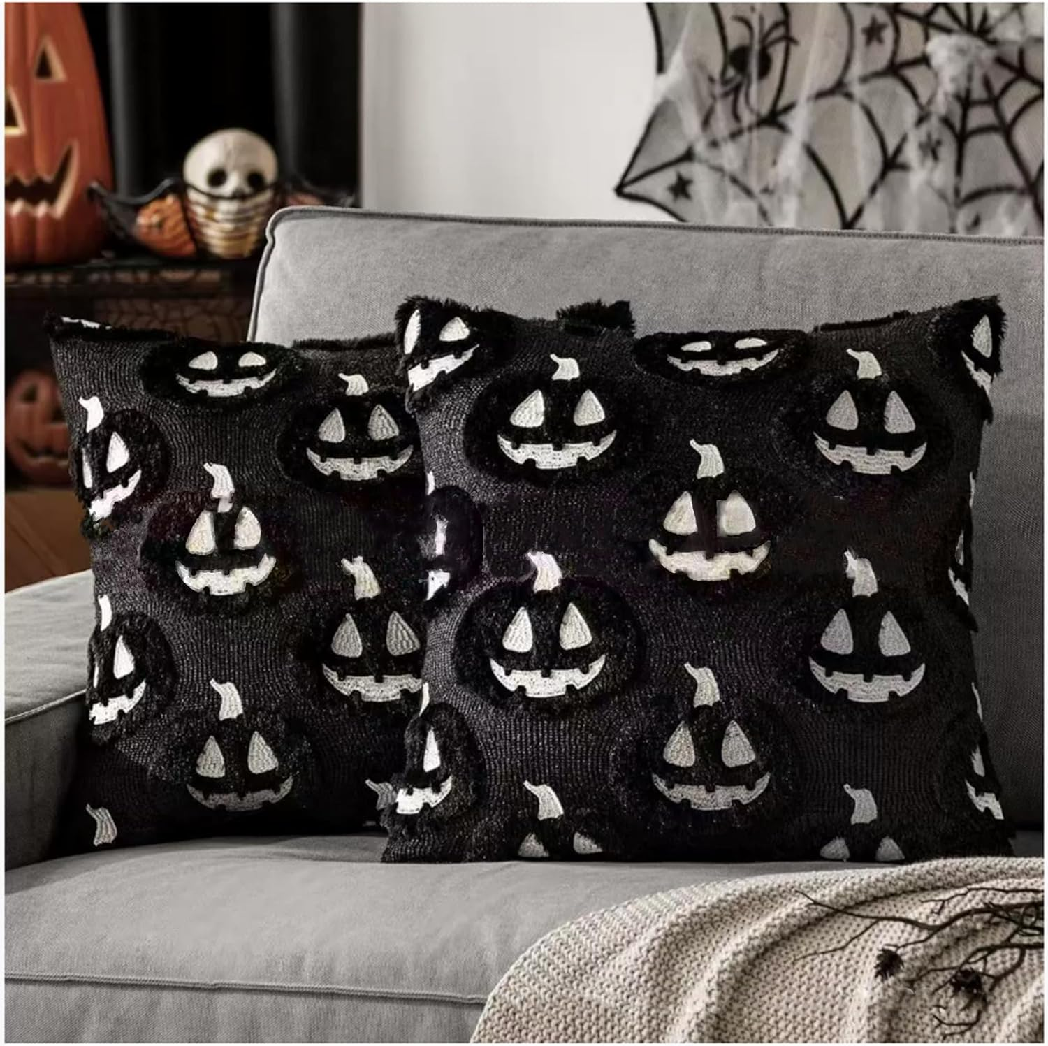 Pillow Covers: 2 Fall Pumpkin Throw Pillow Covers. Soft Plush, Pumpkin-Themed&mdash;Ideal for Autumn, Halloween/Thanksgiving Decor; Fits Home, Patio, Sofa, Couch(17.7&times;17.7In, Black)