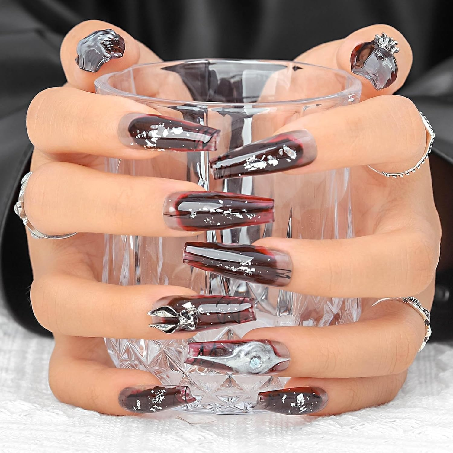 Sethexy Long Ballerina Handmade Press on Nails Glitter Gothic False Nails Red Painted Glossy Fake Nails Salon Quality for Women and Girls 20PCS (N) image number 1