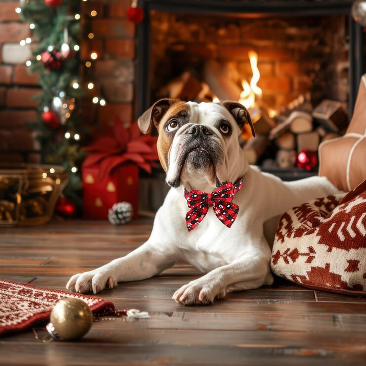 O-Kinee Christmas Dog Collar, Christmas Collar Dog, Cat Collar with Bow, Bow Tie for Dogs, Cute Checked Pattern, Dog Christmas Costume, Pet Collar for Kittens and Dogs (L)