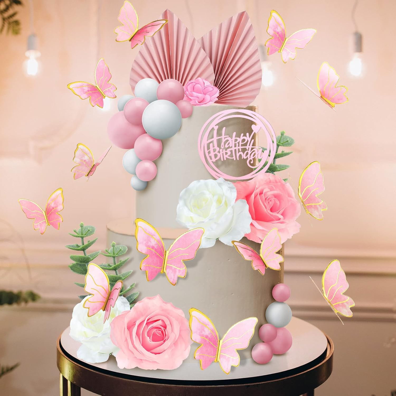 Shimeyao 52 Pcs Flower Toppers for Cake Boho Cake Topper Flower Butterfly Decorations Palm Leaves Balls Cupcake Toppers for Birthday Wedding Baby Shower Party Decoration (Pink, White) - Green, White, Gold image number 7