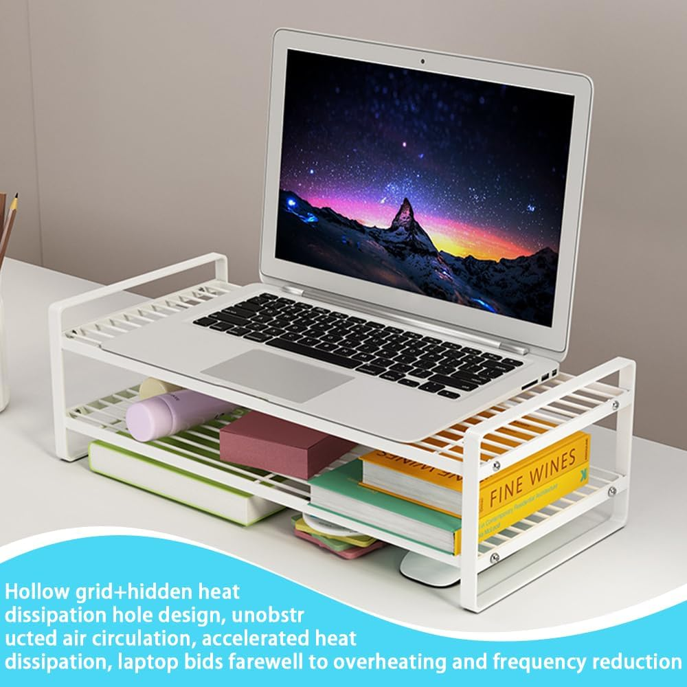 TOMVAES 2 Tier Computer Monitor Riser, Monitor Stand Desktop Organizer, Laptop/Printer Stand Riser, Desk Shelf for Home Office 50 X 20 X15 CM White image number 3