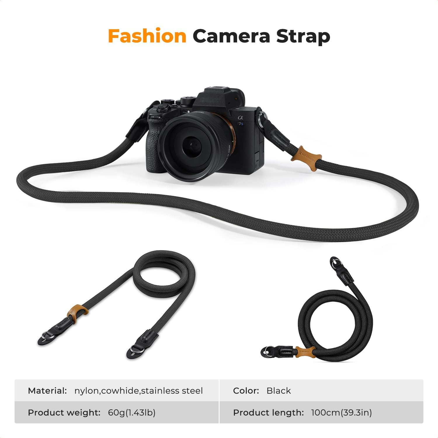 K&F Concept 100Cm Camera Neck Strap, Braided Nylon Climbing Rope with Leather Pad Camera Strap for round Hole Interface DSLR SLR Mirrorless image number 6