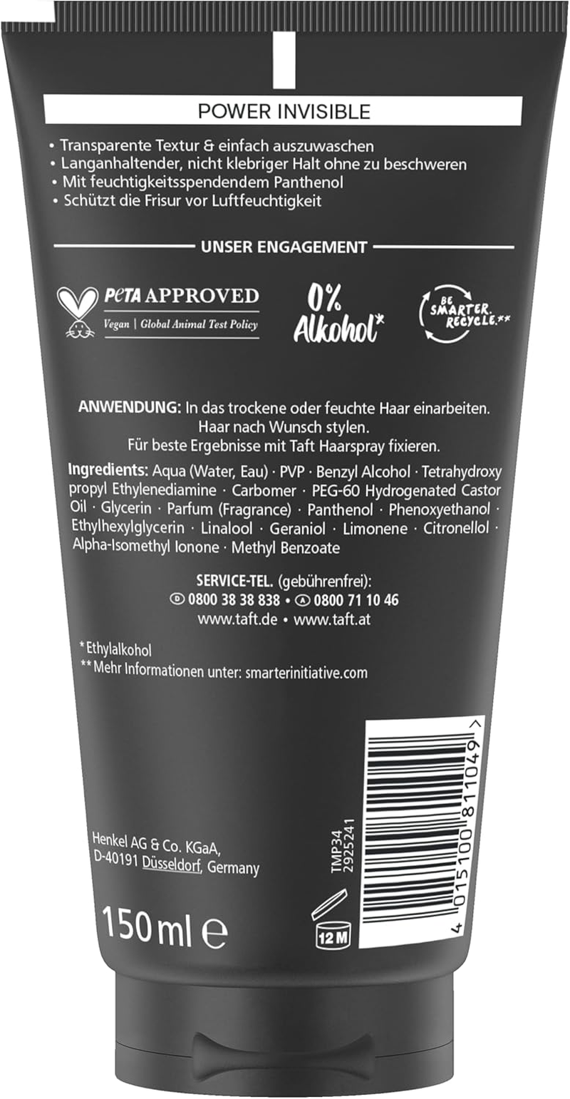Schwarzkopf TAFT Gel Power Invisible Styling (150 Ml), Hair Gel without Gluing and Weighting, Gentle on Hair and Scalp, Vegan, Hair Styling Gel image number 6