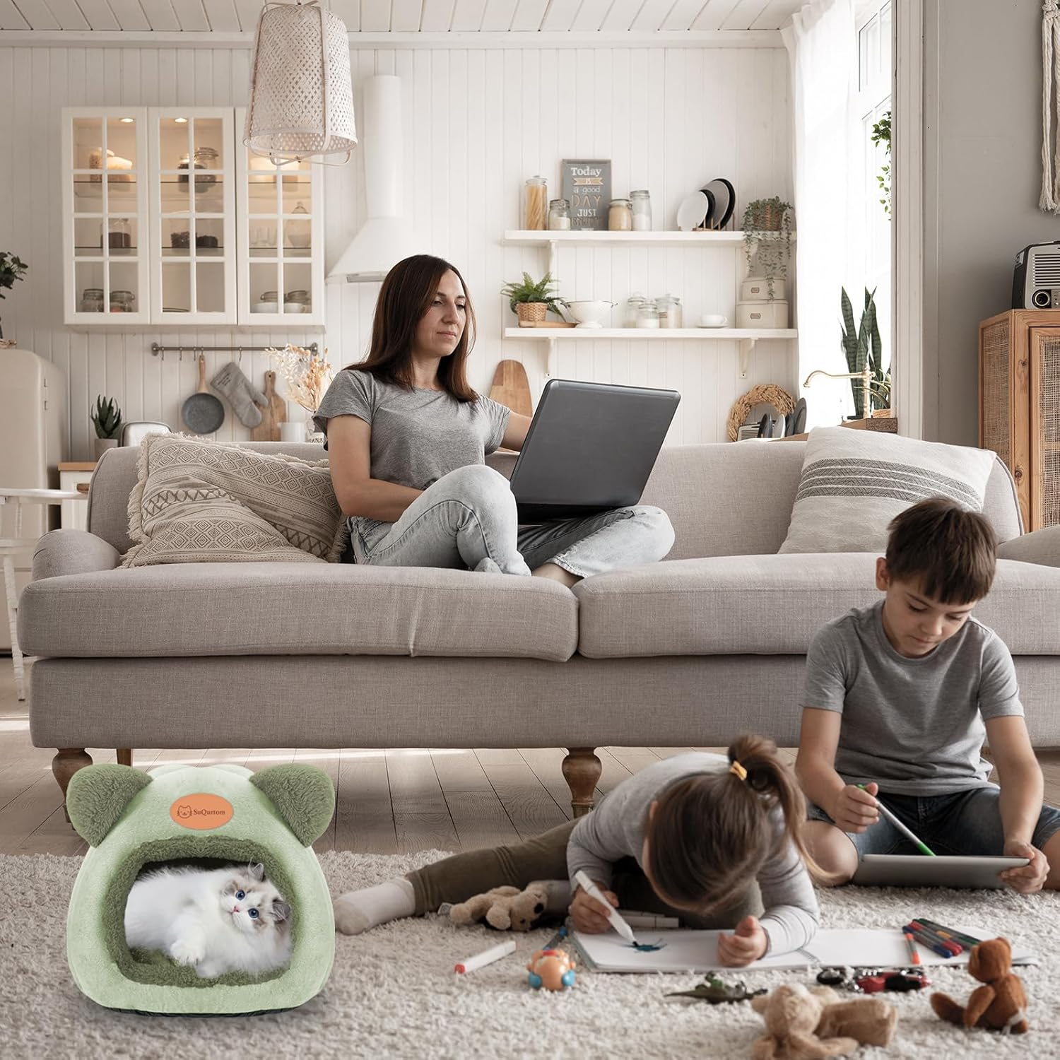 Cat Cave Cat Bed Washable Cat House Pet Bed Soft Comfort Tent Cat Litter Bed Warm Cat Cave Soothing Bed for Cats and Small Dogs Sleeping (Green) image number 2