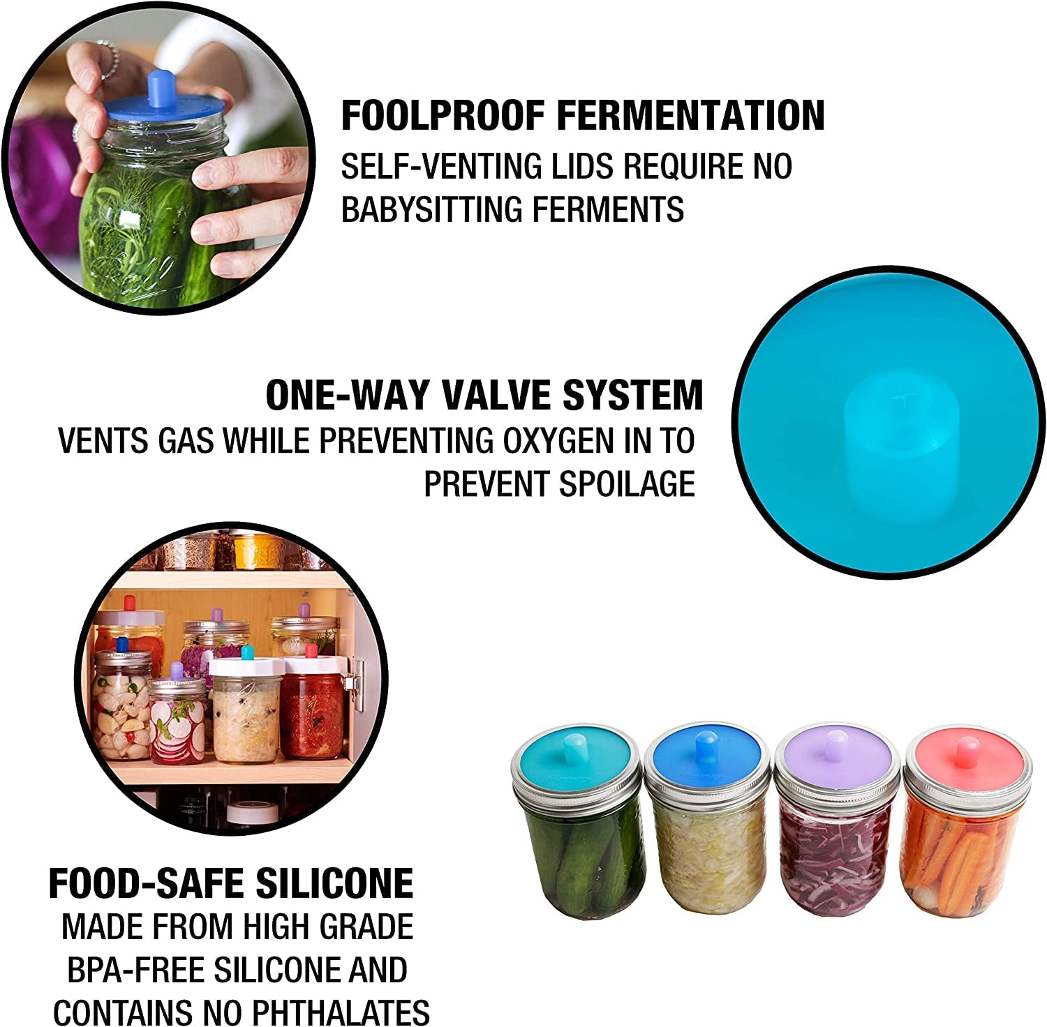 5 Sets Silicone Waterless Airlock with Silver Mason Jar Rings, Fermentation Caning Rings with Silicone Pickle Tube, Suitable for Making Sauerkraut, Kimchi in Wide-Mouth Glass Bottles image number 4