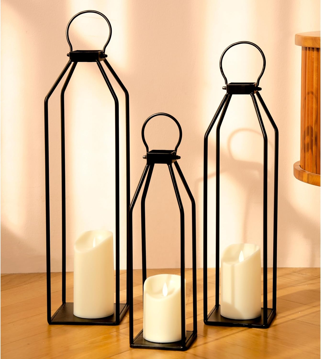 Perfnique Modern Farmhouse Lantern Decor, 39Cm X 11Cm Set of 2 Metal Lanterns, 2 LED 6Hr Timer Flickering Flameless Candles, Lanterns Decorative for Outdoor Decor, Home, Indoor, Patio (Black)