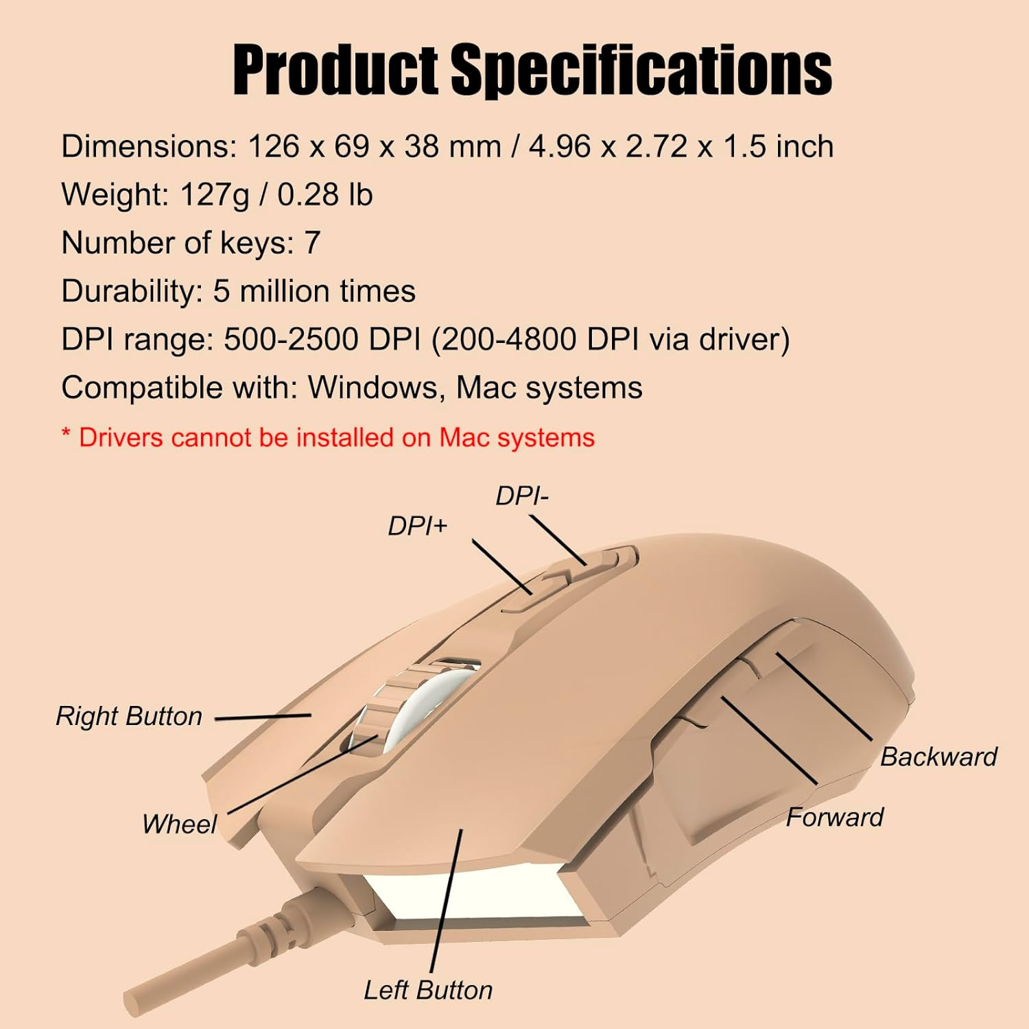 AJ52 Gaming Mouse Wired, 7 Programmable Buttons, Computer Mice with RGB LED Backlit, 500-2750 DPI Adjustable,For Windows/Mac Os/Linux (Milktea) image number 5