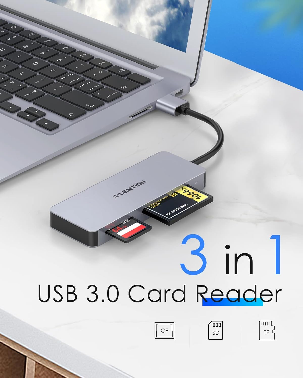 LENTION USB 3.0 to Cf/Sd/Micro SD Card Reader, SD 3.0 & CF Type I Memory Card Adapter Compatible Macbook Air/Pro, Surface Book/Pro, Chromebook, More, Stable Driver Certified (CB-H12, Space Gray) image number 6