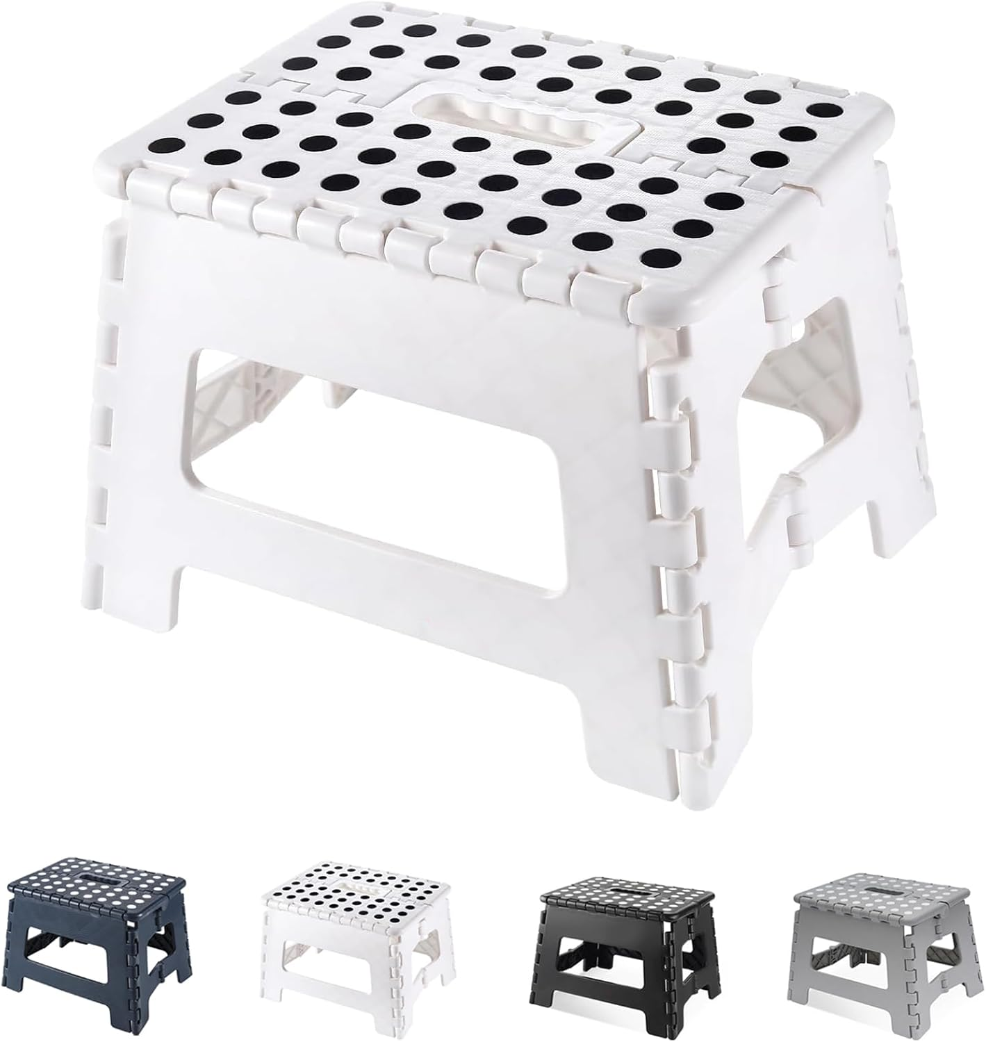 Folding Step Stool, 9 Inch Plastic Foldable Step Stool for Kids Adults - Holds up to 330 Lbs Foot Stool with Non-Slip Surface, Carry Handle for Kitchen Bathroom Bedroom (White)