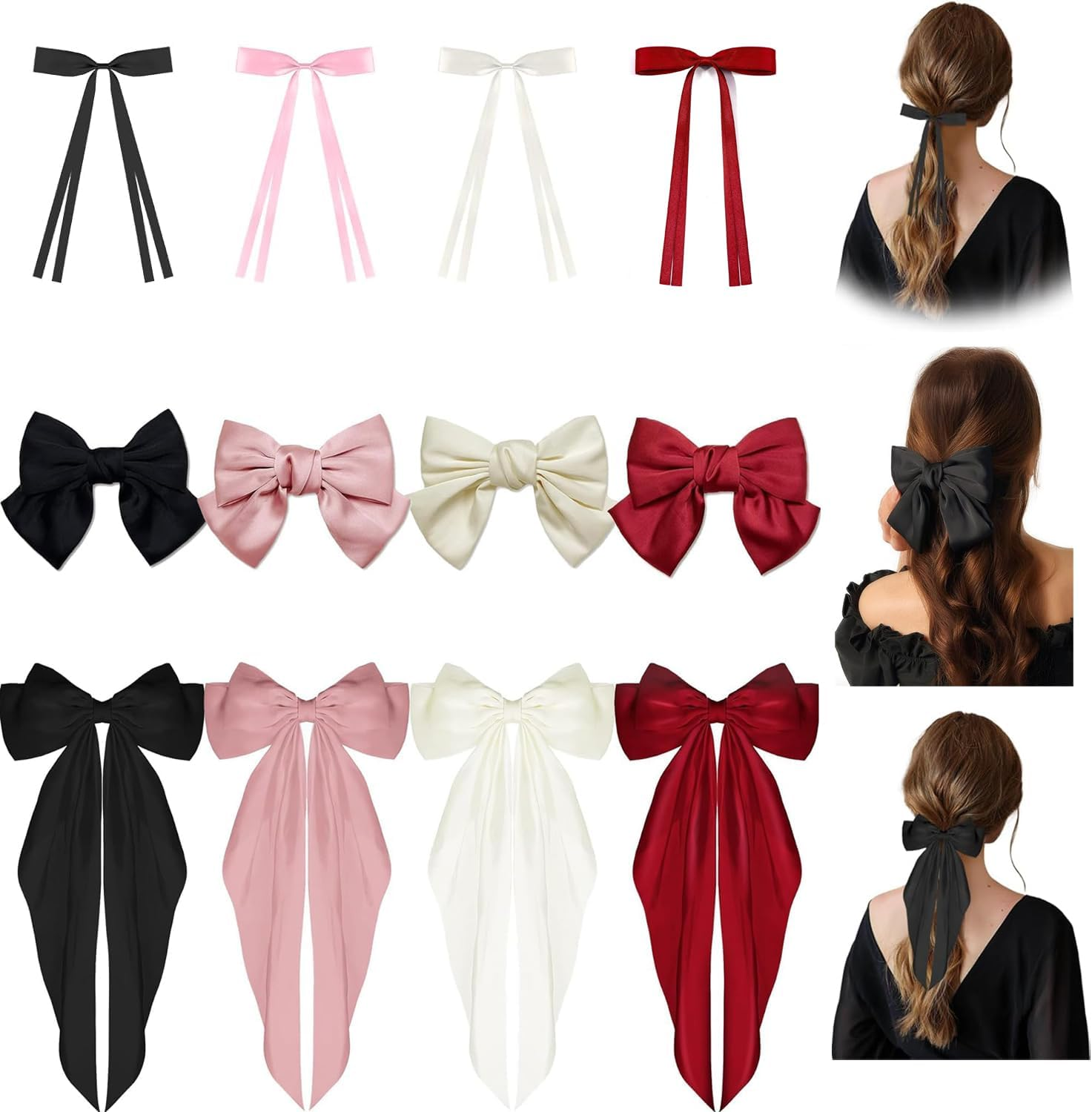 12Pcs Big Bow Barrettes with Long Silky Satin Tail, Large Hair Bow Clips for Women, Girls, Adult Teens - Hair Accessories image number 2