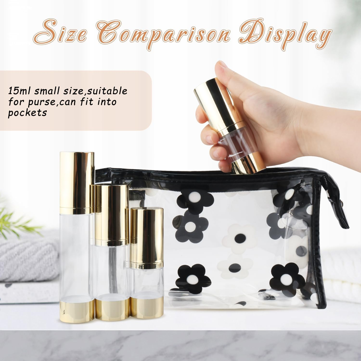 BOSMIOW 4Pcs 15Ml/0.5Oz Clear Plastic Airless Pump Bottles Empty Refillable Vacuum Pump Press Bottles Travel Size Cosmetics Sample Storage with Golden Pump Head for Lotion,Shampoo,Hand Soap,Face Cream image number 5