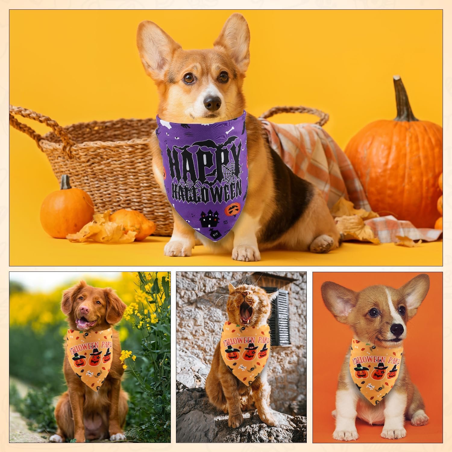2Pcs Halloween Dog Bandanas, 2 Colors Halloween Triangle Dog Scarf Double-Sided Reversible Puppy Bandana Pet Halloween Costume Triangle Bibs for Small Medium Dogs image number 3