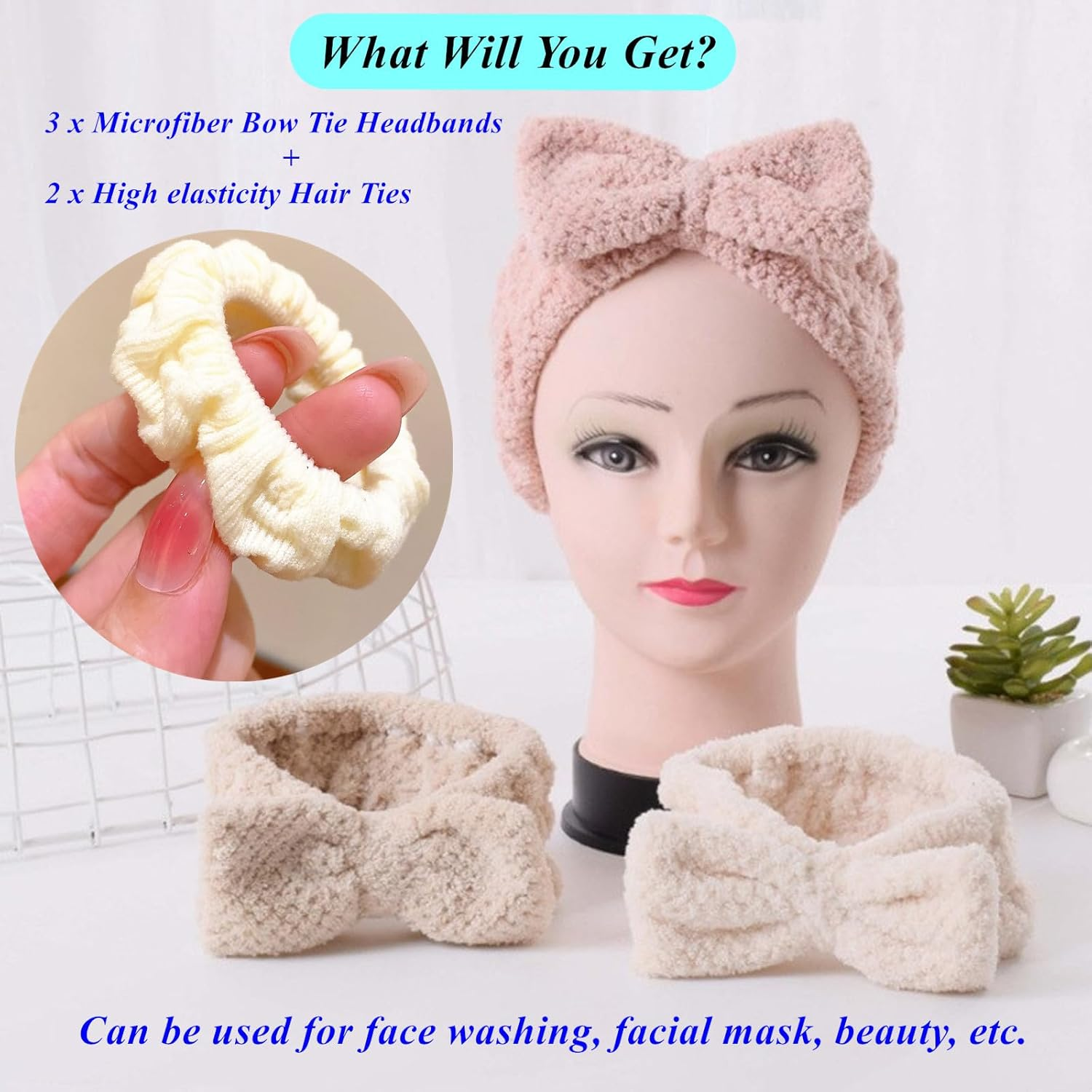 5Pcs Microfiber Bow Tie Headbands for Women, Headband Band for Spa Makeup Sports Yoga, Girls Facial Clean, Headband for Washing Face and Shower. image number 2