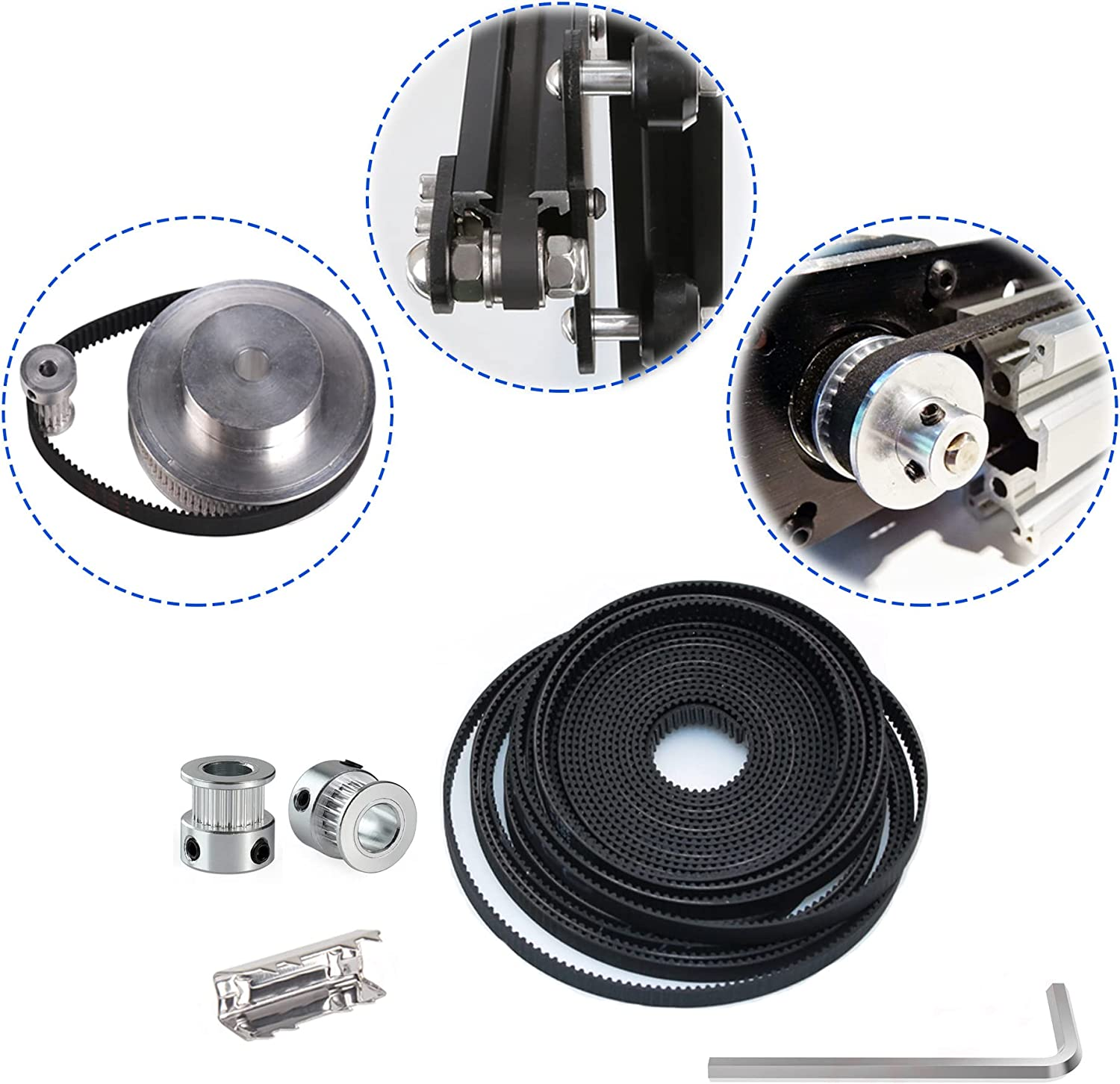 3D Printing GT2 Timing Belt Set, 5 Meters GT2 Open Timing Belt 2Mm Pitch 6Mm + 5Pcs 20 Teeth 5Mm Bore Pulley Wheel + 2 Pcs Open Belt Clip + Allen Wrench, 3D Printer Accessories for CR-10 Ender 3 image number 1