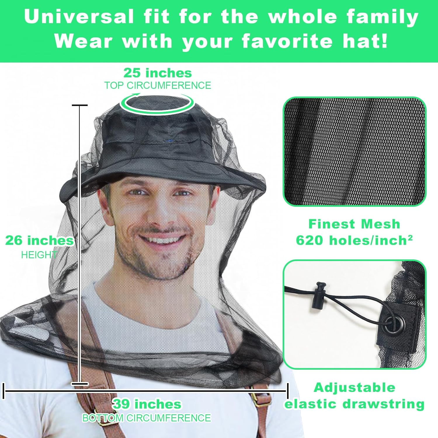 Tupi Premium Mosquito Head Net, Bug Face Netting for Hats, Fly & Bug Protection | Ultra Large & Long, Extra Fine Holes for Camping, Hiking, Fishing, Gardening, Fits All Hats for Men & Women, 2 Pack image number 3