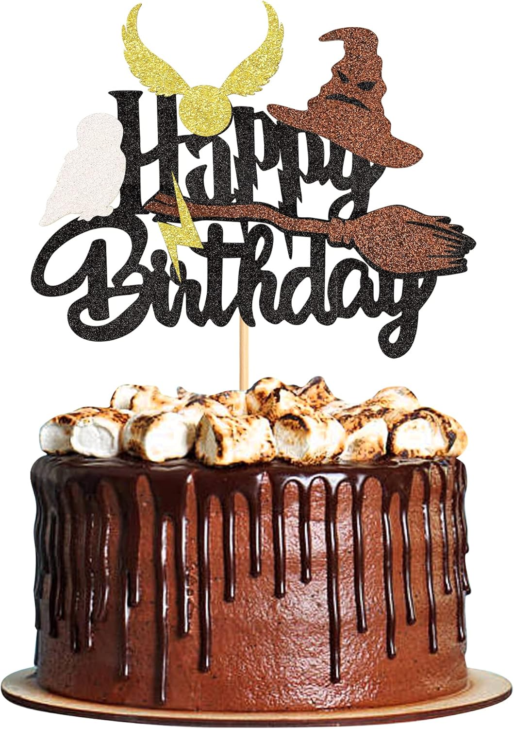 1Pc Glitter Black Magical Wizard Inspired Cake Topper Happy Birthday Cake Topper Pick for Magic Theme Party Supplies