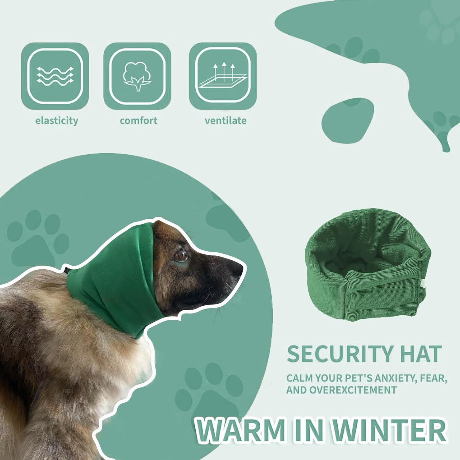 Joychong Dog Ear Muffs Noise Protection, Head Cover and Neck Warmer, Adjustable Headband for Anxiety Relief, Thunderstorms, Dog Hematoma,Green,M image number 3