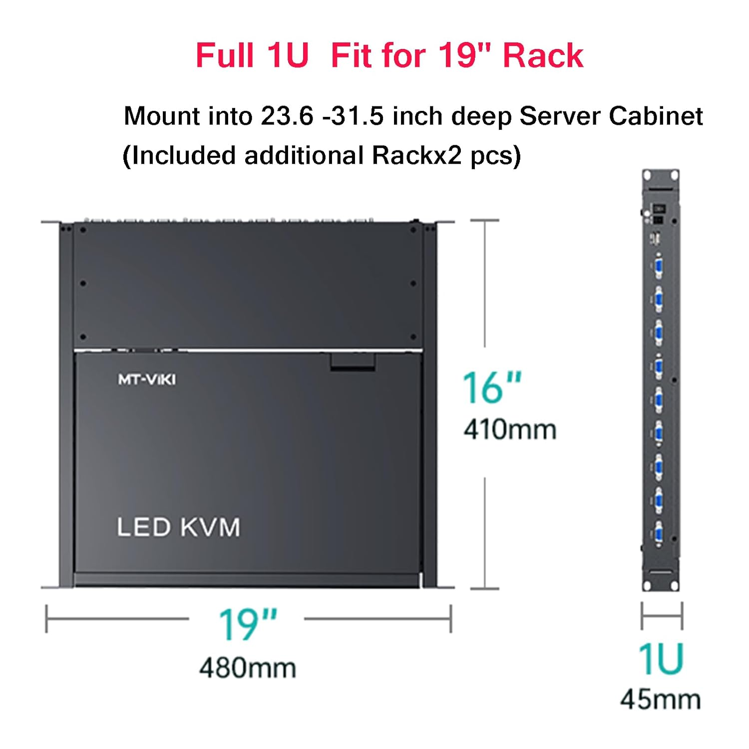 Mt-Viki 1U Rack Mount KVM Console, 8 Port KVM VGA Switch W/15.6'' LCD Monitor, 1080P, Mount into 23.6-31.5 Inch Deep Server Cabinet, Integrated Touchpad+Keyboard+8 KVM Cables image number 3