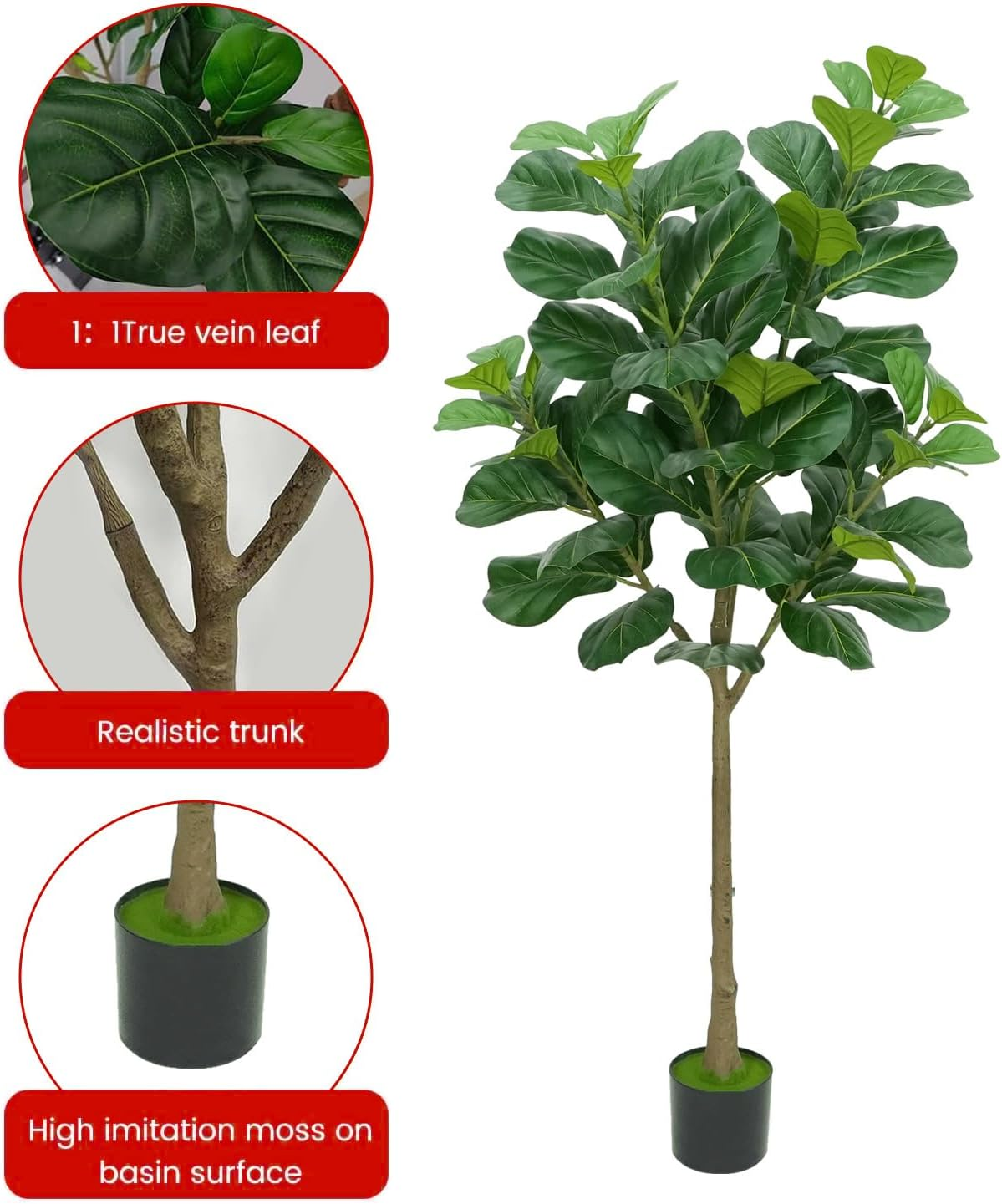 6Ft/180Cm Artificial Fiddle Leaf Fig Tree, Tall Fake Plants for Indoor Outdoor Decor, Fake Fig Leaf Tree with Pot for Home Office Living Room Decor image number 6