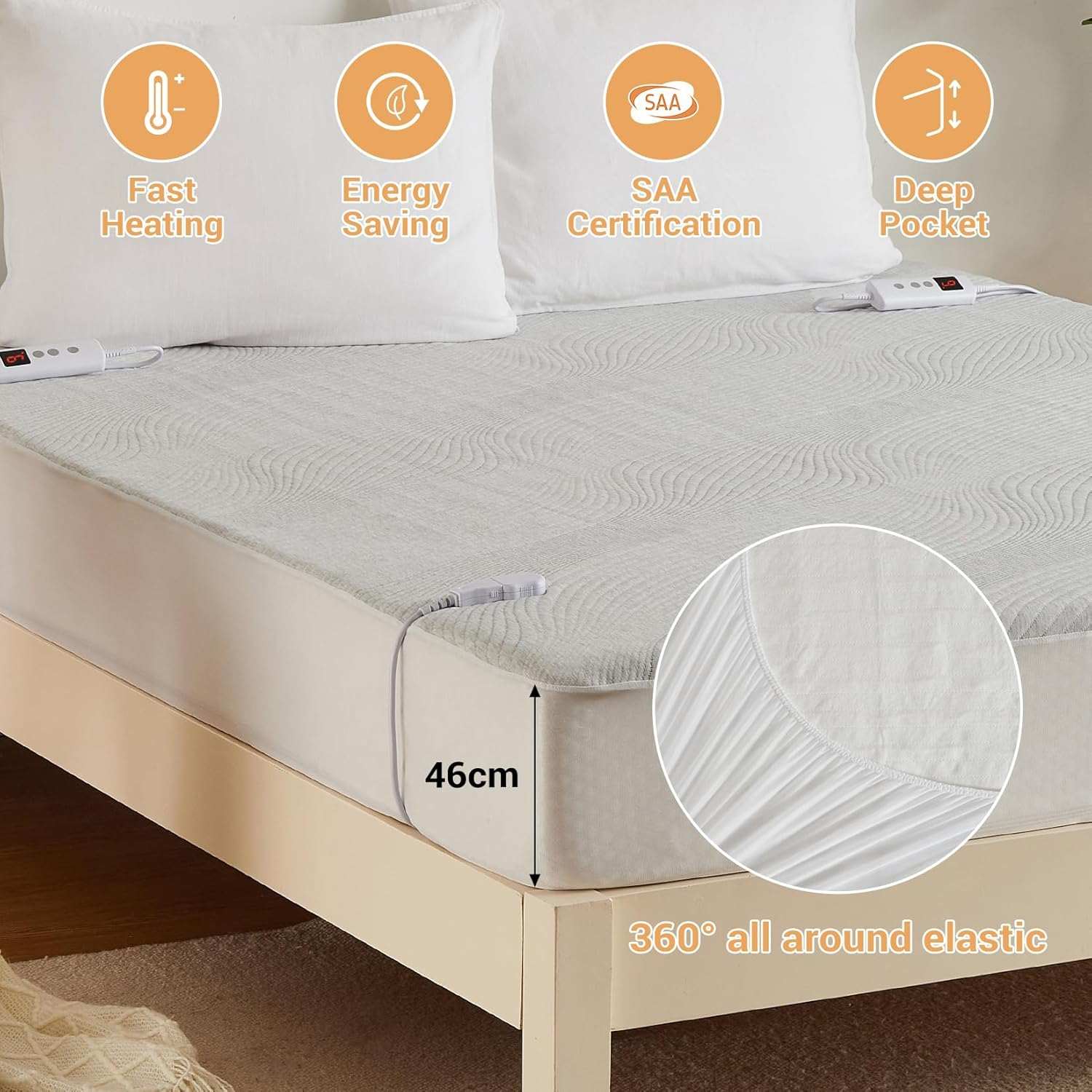 Dual Control Electric Blanket Queen 150X200Cm, Breathable Air-Layer Heated Underblanket with 10 Heat Level & 9 Hours Auto Off, Fully Fitted Heating Mattress Pad with Overheat Protection, Light Grey