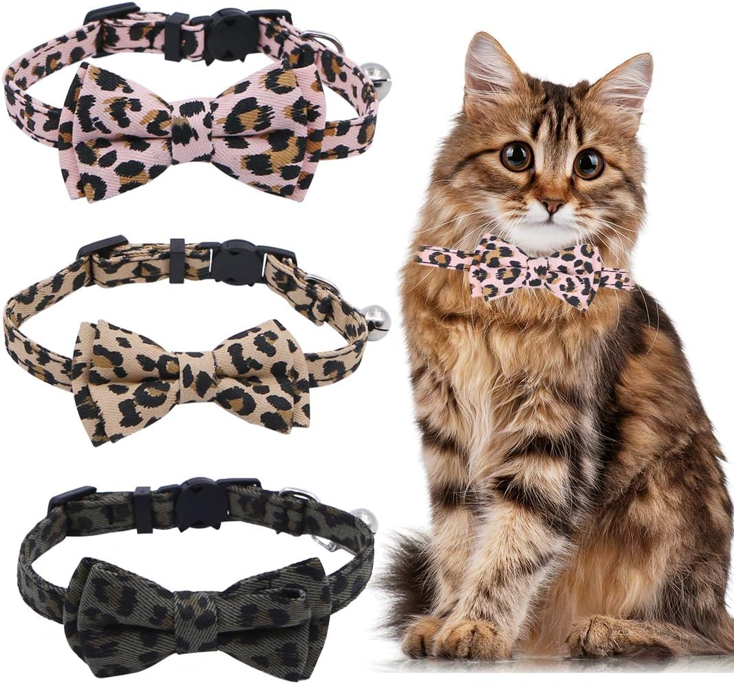 Boerni 3 Pack Cat Collars, Cute Kitten Collars, Pet Bow Tie, Leopard Print, Adjustable, Anti-Loss Bell, 20-23Cm, Pink image number 4