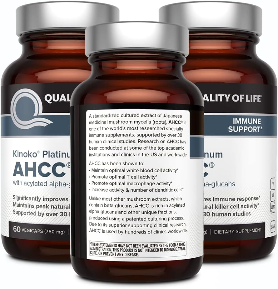 Quality of Life 3 Pack AHCC Kinoko Platinum 750 Mg&ndash; Premium Immune Support Supplement 60 Count Bottles