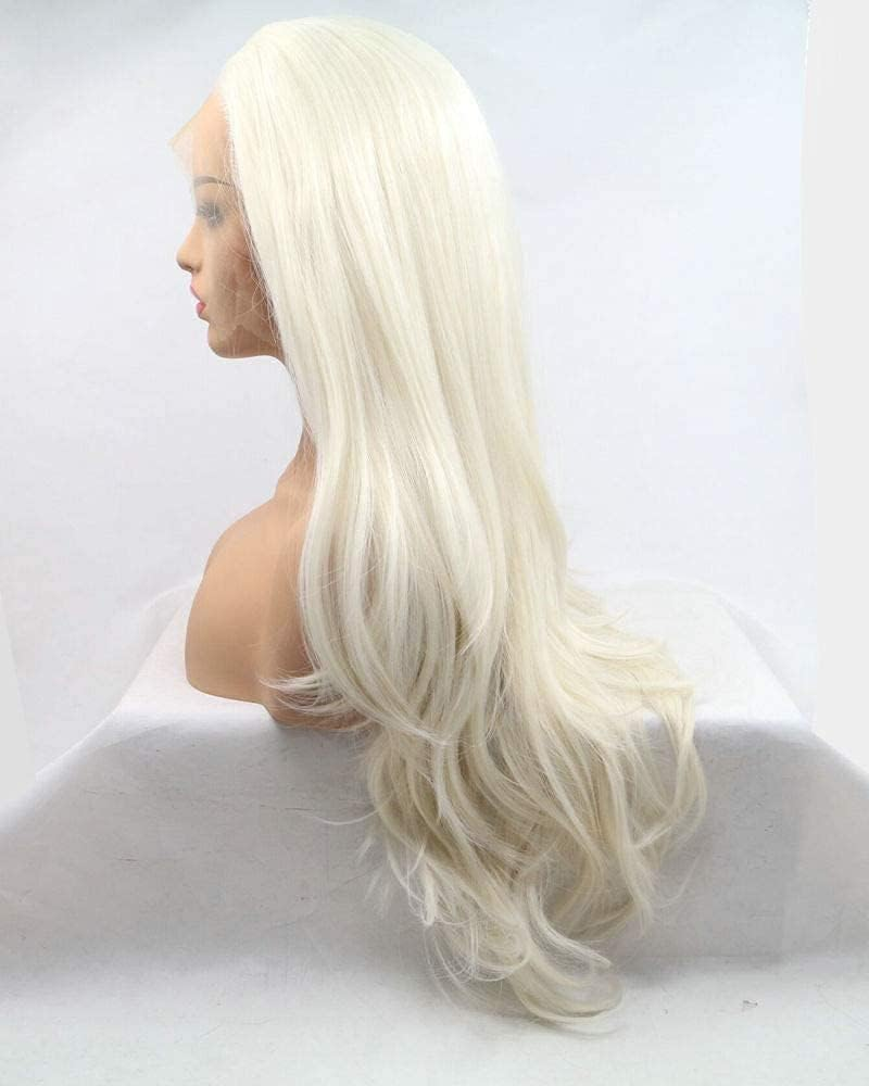 Xiweiya 60# Platinum Blonde Wig Long Body Wavy White Blonde Lace Front Wig Natural Hairline150% Density Hair -Reparement Wig Heat Resistant Fiber Half Hand Tied for Women Drag Queen 24Inch - Blue Green Yellow image number 6