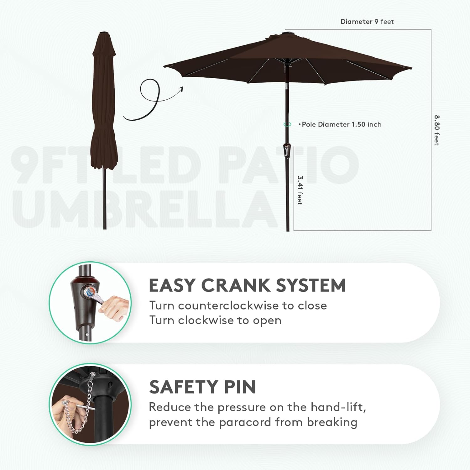 JEAREY Upgrade 9FT LED Lighted Patio Umbrella, Solar Outdoor Umbrella, Tilt Table Umbrella for Pool, Deck & Yard(Brown) image number 4