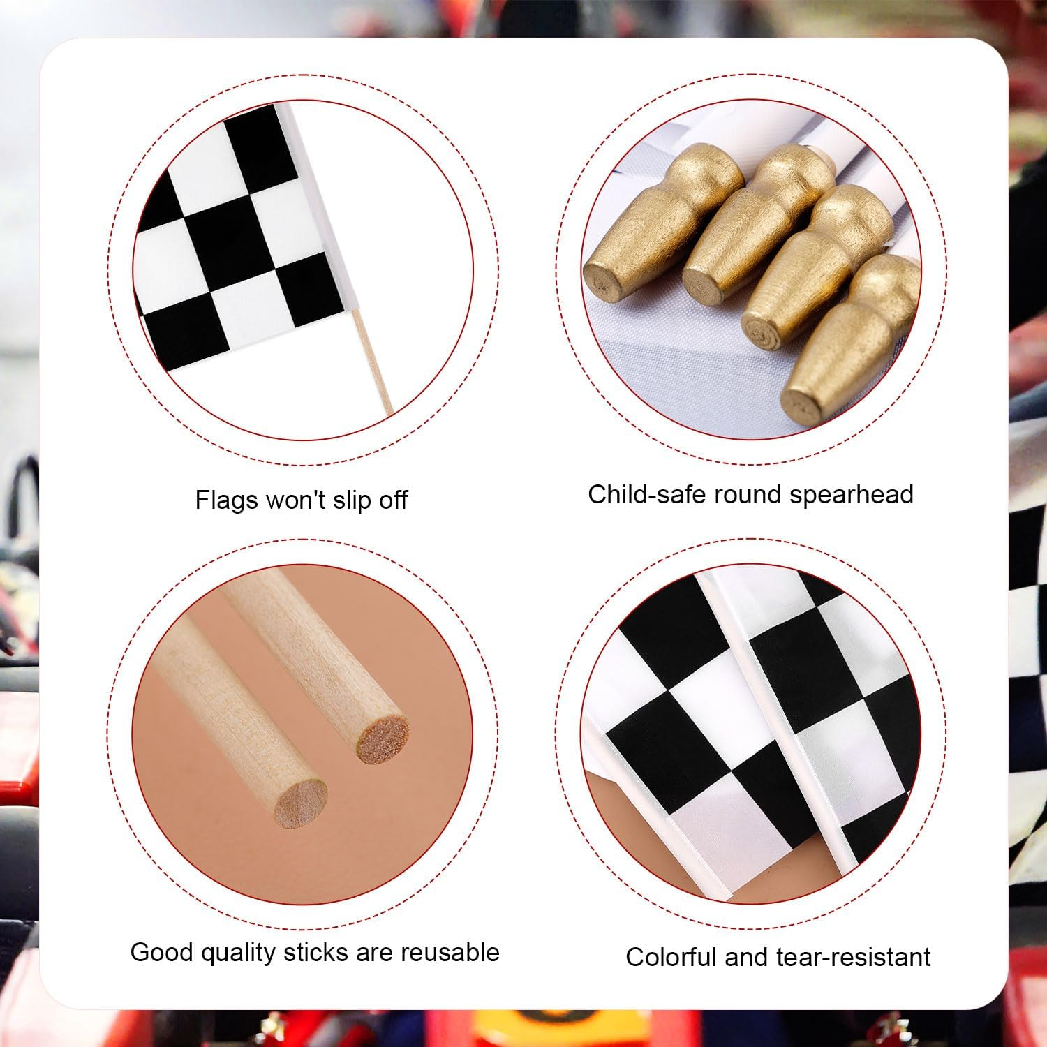 4Pcs Checkered Stick Flags, 11X7.87In Racing Flags with round Spear Top Reusable Black and White Double Sided Printing Racer Flag for NASCAR Race Car Party Sport Events Decorations Supplies image number 2