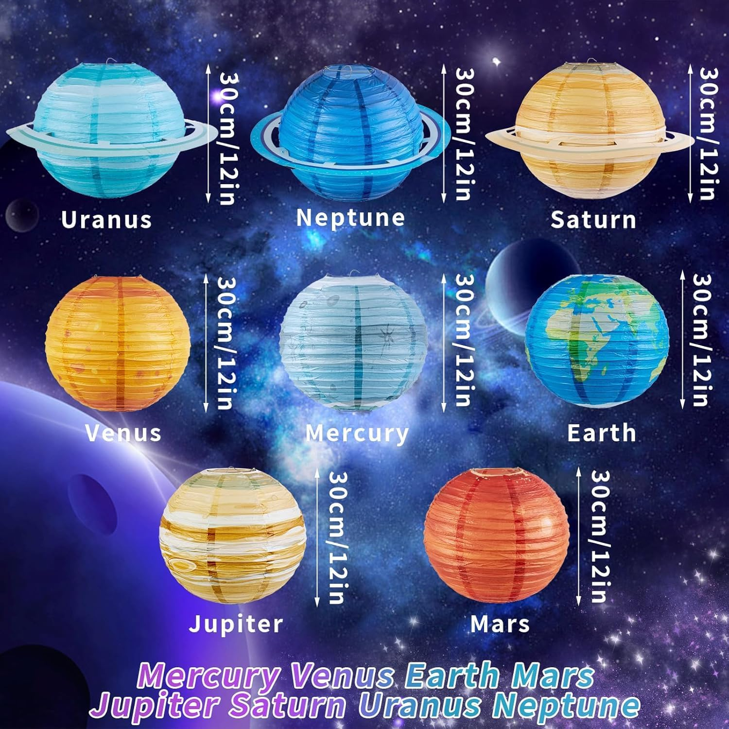 8 PCS Planet Paper Lanterns, 12 Inch Outer Space Party Decorations, Solar System Planets Lantern for Kids Theme Birthday Room Decorations (8) image number 1