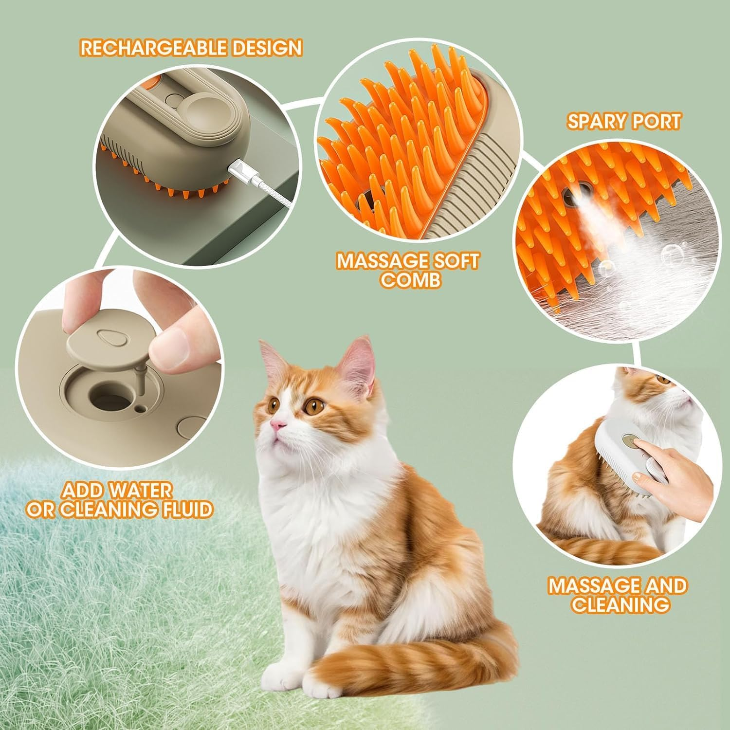 3 in 1 Steam Dog Cat Brush Spray Massage Comb for Cats, Long / Short Hair Dog Brush with USB Charger, with Water Tank, Cat Brush for Massage (Brown) image number 5