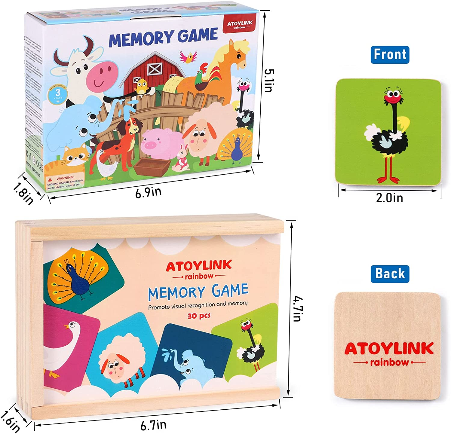 Atoylink Matching Memory Game for Kids 3 and up - 30Pcs Cute Animal Wooden Memory Card Matching Games for Toddler Boys and Girls image number 4