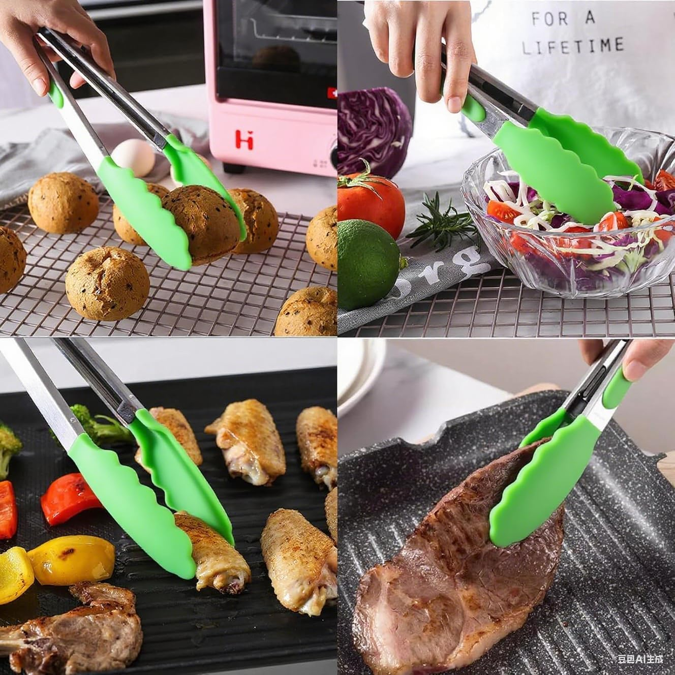 3Pcs (7", 9" & 12") Set Silicone Heat Resistant Kitchen Tongs,Premium Locking Cooking Tongs with Silicone Tips, Non-Slip Food Tongs for Cooking, Non-Stick, Stainless Steel Handle (Grass Green) - Grass Green image number 4