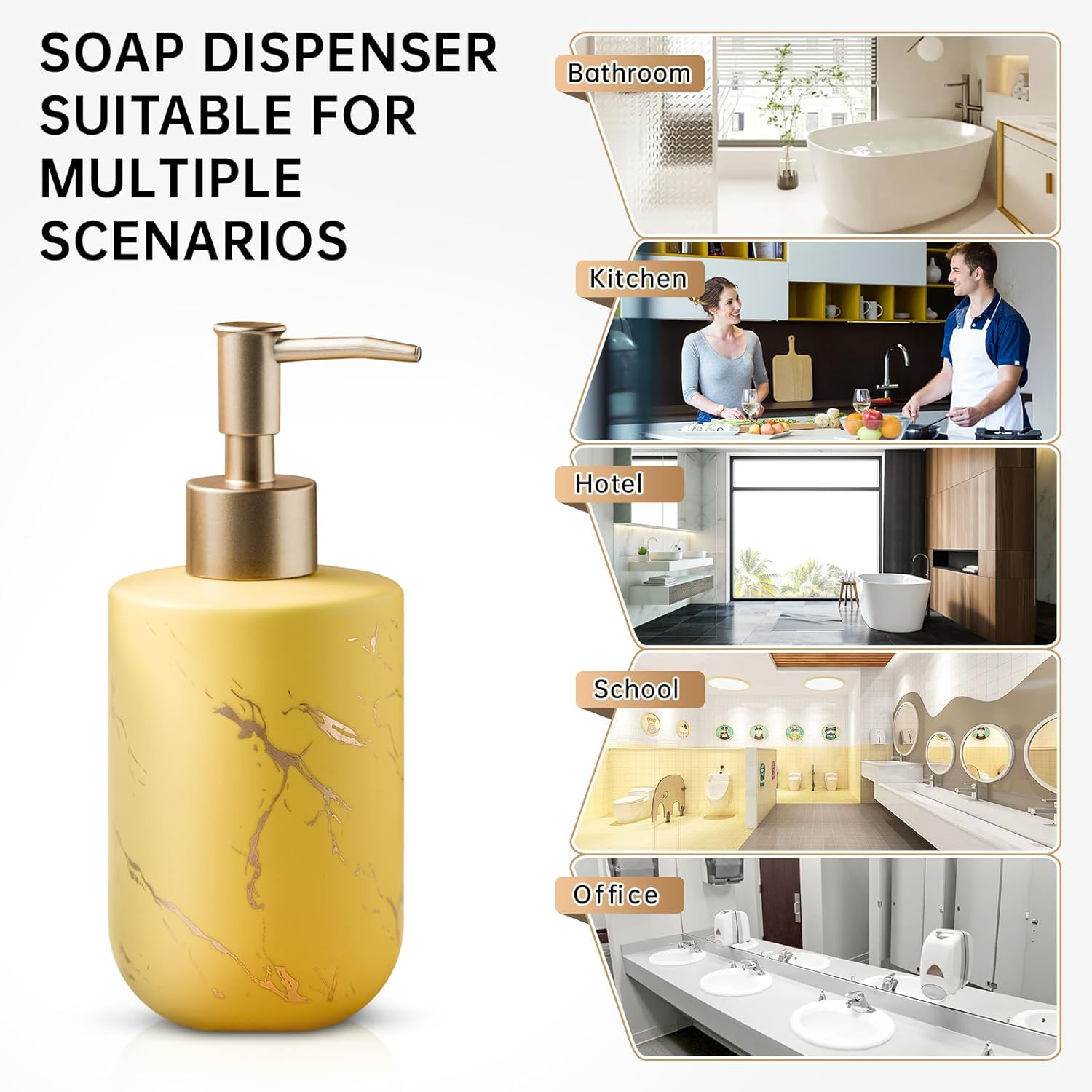 Gold Soap Dispenser Bathroom, Ceramic Hand Soap Dispenser with Marbling for Kitchen, Shower, 300ML. (Yellow) image number 5