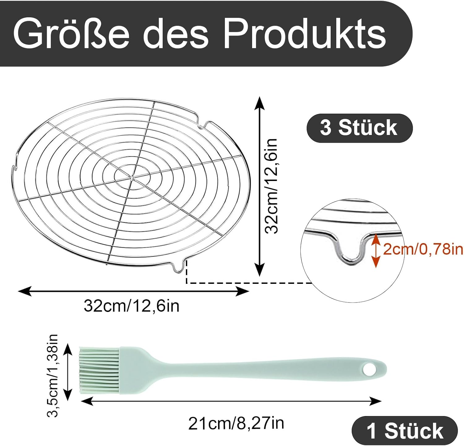 GANILITY round Cooling Rack, Pack of 3 Cooling Rack with 1 Piece Silicone Brush, 32 Cm round Cake Rack, Stainless Steel Cake Rack, Cooling Rack, Kitchen Accessories, for Cooling, Baking image number 3