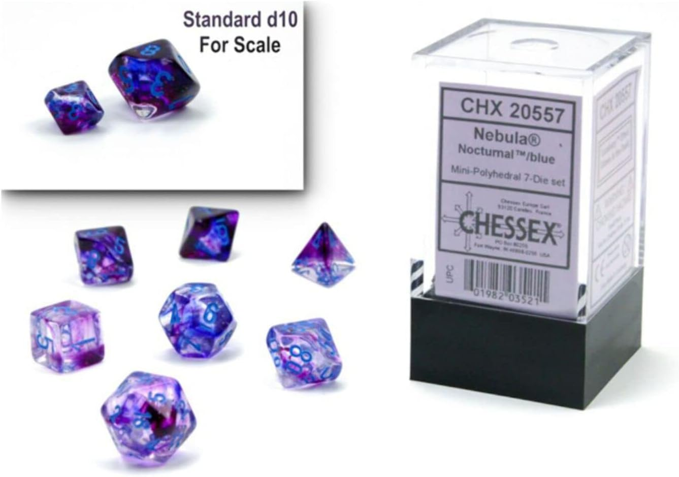 Chessex Mini Polyhedral 7D Nebula Luminary Style Dice Set, Nocturnal/Blue (7 Piece)