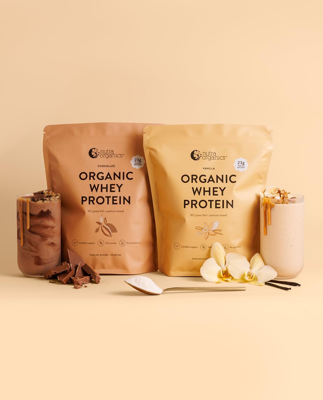 Nutra Organics Organic Whey Protein Chocolate 750G | Certified Organic | New Zealand Grass Fed & Pasture Raised (25 Serves)