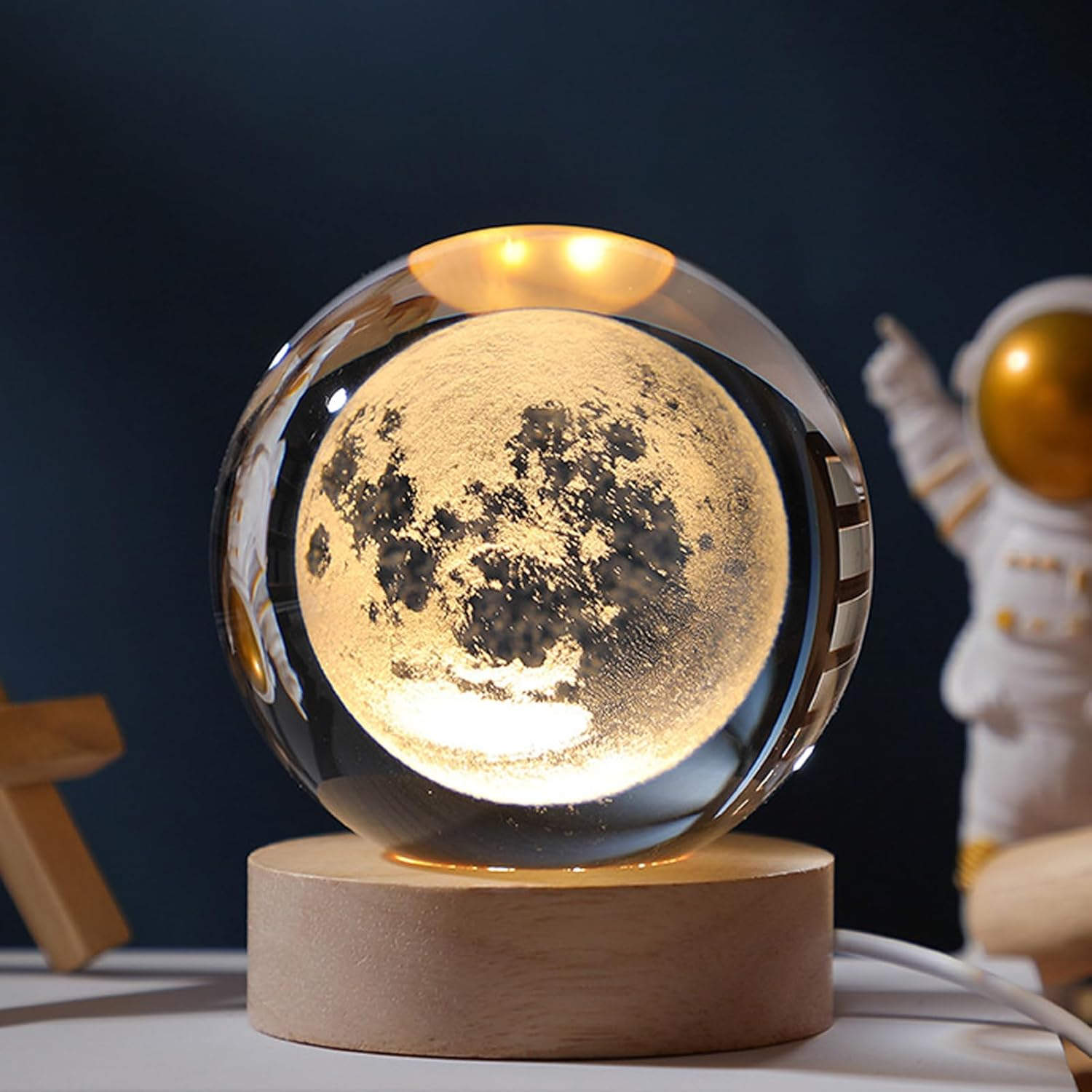 3D Crystal Ball Night Light, USB Moon Planets Solar System Universe Lamp, Glass Ball with Wooden Base - LED Ball for Christmas, Birthday, Valentine'S Day, Astronomy Gifts
