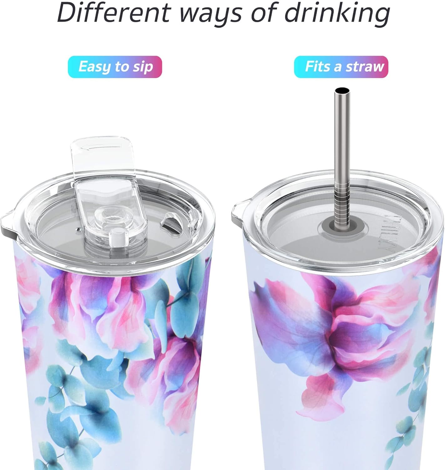 Stainless Steel Vacuum Insulated Tumbler - THILY Travel Mug 26 Oz Coffee Cup with 2 Lids and Straws, Splash Proof, Keep Ice Drinks Cold, Pink Lilies image number 5