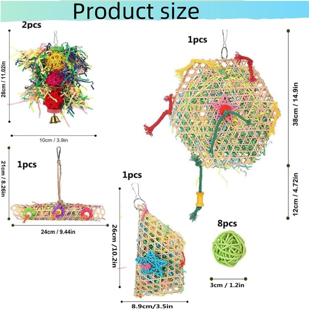 FUNNTY Bird Toys,13Pcs Bird Chewing Toys,Parakeet Shredding Foraging Toys,Hanging Foraging Colorful Parrot Toys,Bird Cage Accessories for Macaws,Lovebird,Cockatiel, African Grey Parrot, image number 4