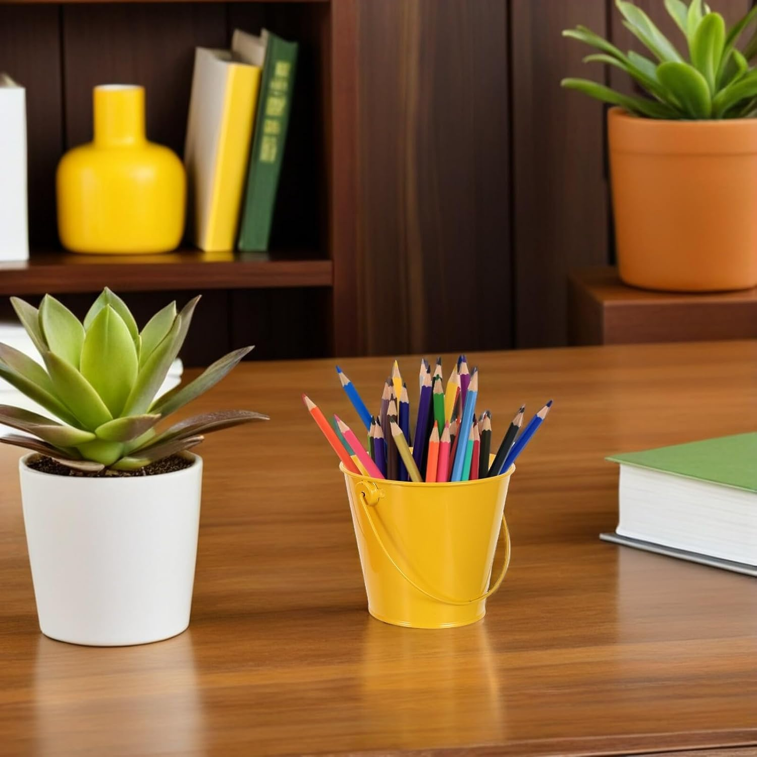 NAMOARLY 5Pcs Iron Pencil Holder Bucket Set Handle Metal Pen Cups for Desk Organization, Classroom Storage, Office Management, Desktop Decoration in Pink, Yellow, Red, Light Blue, and Black