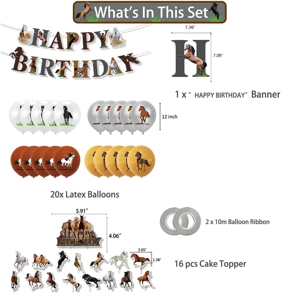 Spirit Riding Horse Birthday Party Supplies - Horse Happy Birthday Banner, Balloons, Cake Cupcake Toppers for Kid Western Cowboy Pony Party Decoration