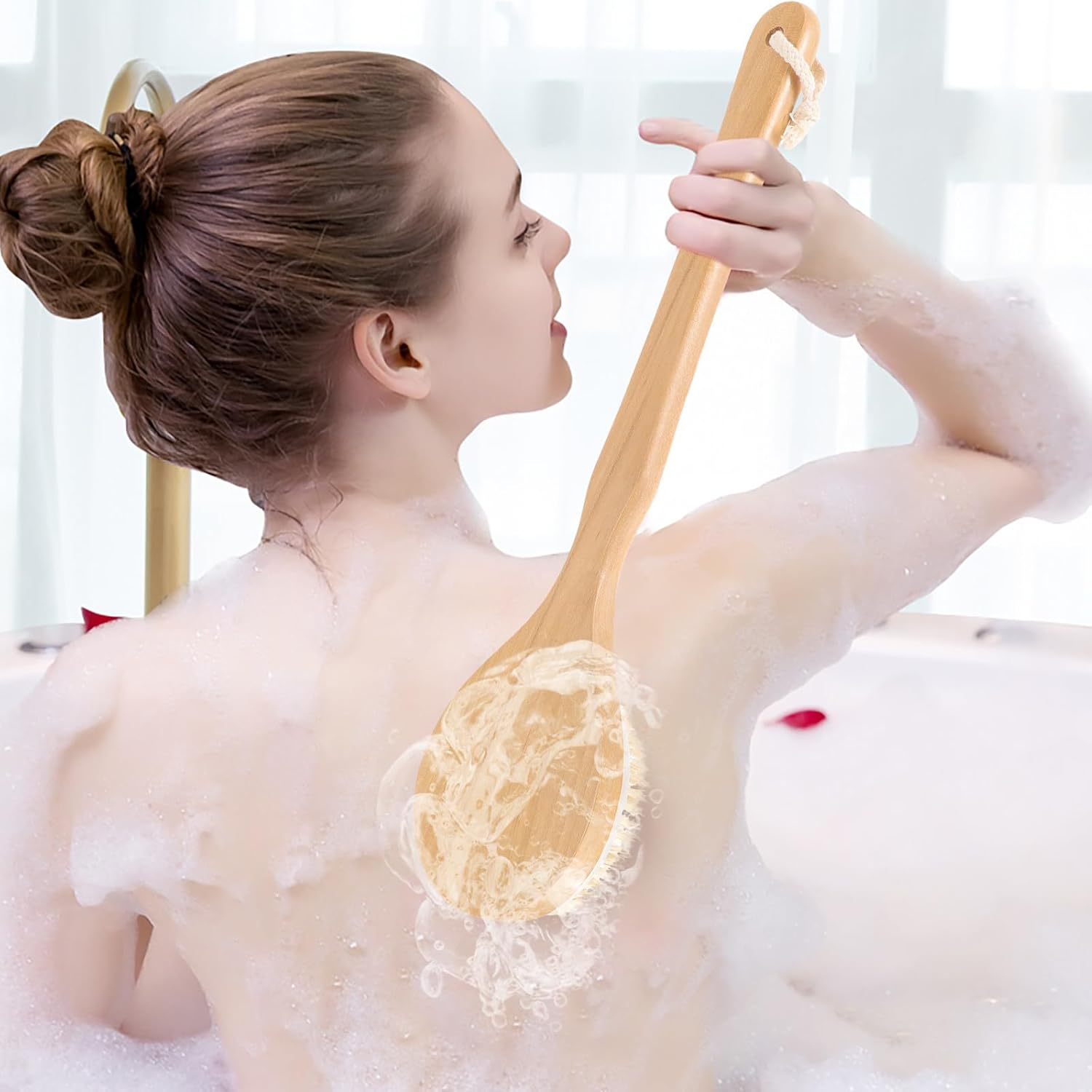 SEWACC Long Handle Boar Bristle Body Brush 41.5X11Cm for Showering and Dry Brushing, Skin Exfoliating Back Scrubber Suitable for Wet and Dry Use in Bathing image number 4